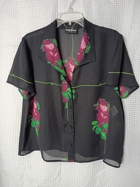 Positive Attitude Black Sheer Button-Up Shirt with Pink and Green Floral Print